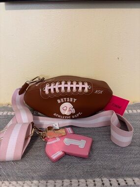 Betsey Johnson Brown & Pink Football Crossbody with Pink Striped Strap and Charm